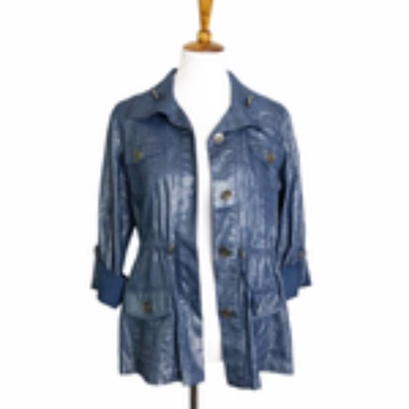 CHICO's Anorak Utility Metallic Blue Chambray Jacket Women's Size 1 (8/1… - Picture 2 of 16